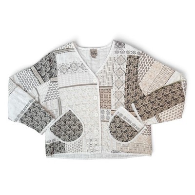 Quilted Patchwork Jacket Women s Size Large Button Up Beige Cream Cottagecore