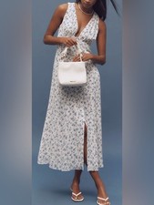 NEW Reformation Ceara Floral V-Neck Midi Dress size 2 Ivory/Blue