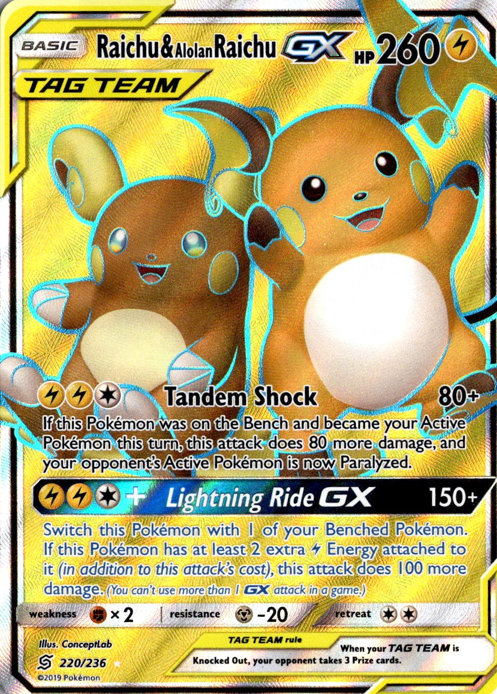 Raichu & Alolan Raichu GX 220/226 Pokemon Unified Minds Ultra Rare NM