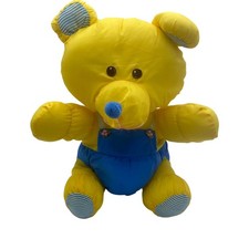 Vintage Puffalump Yellow Nylon Bear 14" Plush Blue Overalls Striped Ears Nose