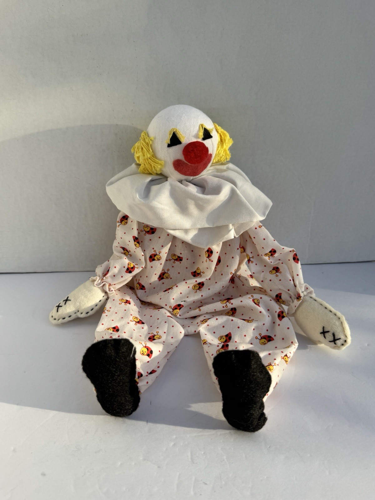 Vintage Handmade Clown Wood Block Shelf Sitter In Ladybug Outfit