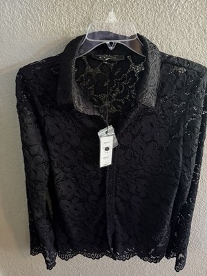 BCBG Maxazria Womens Blouse Top Button Up Collared Black Lace Size M NWT