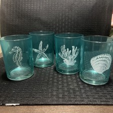 Blue Glass Tumblers Set of 4 Sea Life Nautical Beach Ocean Drinking Glasses