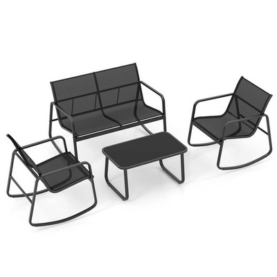 4-teiliges Terrassen-Schaukelset mit Glasplatte Tisch - Schwarz