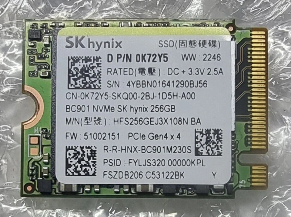 SK Hynix BC901 256GB NVMe PCIe M2 2230 SSD HFS256GEJ3X108N BA D P/N 0K72Y5 Gen 4