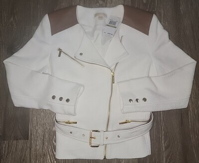 Michael Kors Cream Beige Belted Tweed Moto Jacket Leather Accents Size Large