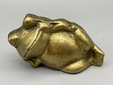 Solid Brass Fat Frog Figurine Whimsical Chubby Laying Down Relax Toad Taiwan Vtg