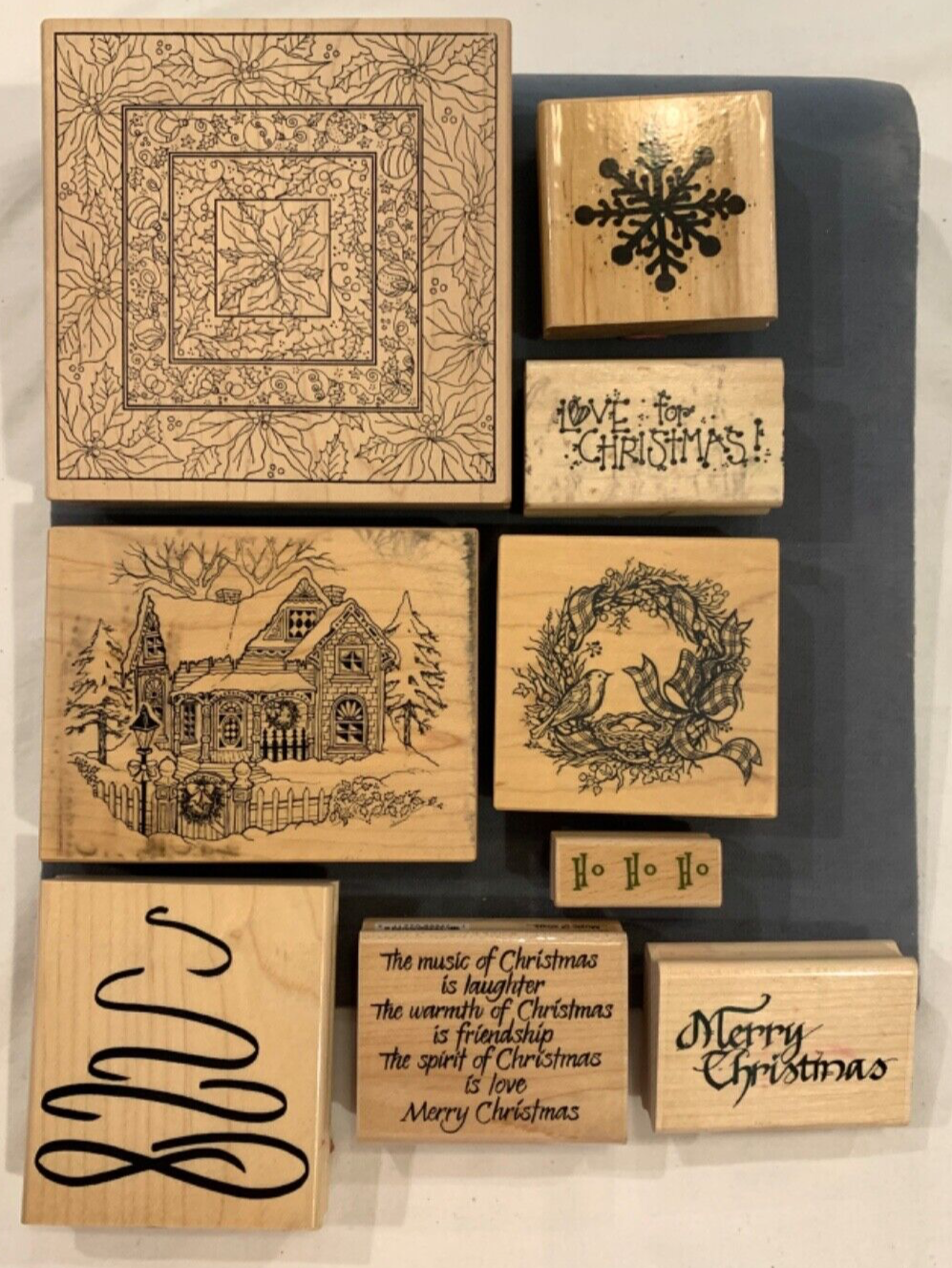 9 Wood-Mounted Christmas Rubber Stamps - Santa Snowman Trees Wreath Holiday Designs