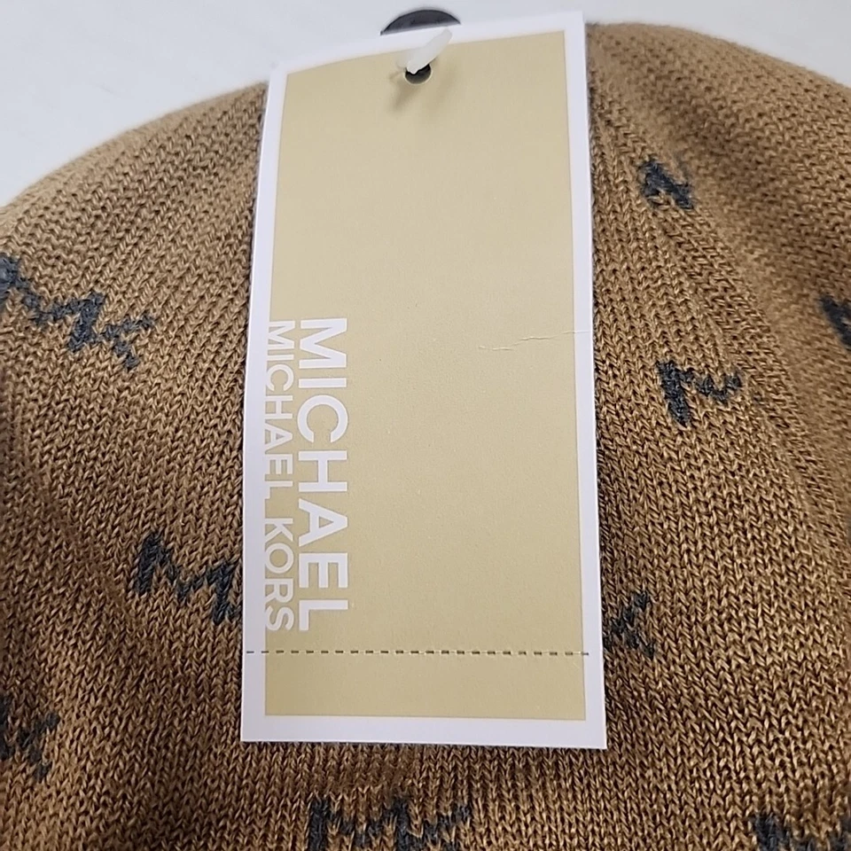 全新带标签 Michael Kors 男式针织豆豆帽冬季 MK 设计师标志棕色 — 第 3/4 张图片