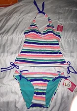 Hula Honey 2 Piece Swimsuit Striped Tankini Top & Tie Bikini Bottom S (B1)