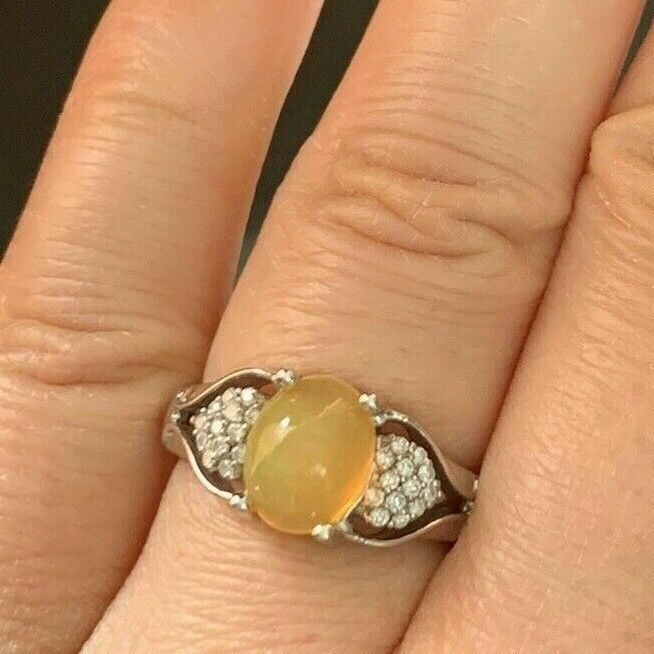 Natural Ethiopian Opal Diamond Ring in 925 Sterling Silver Plating