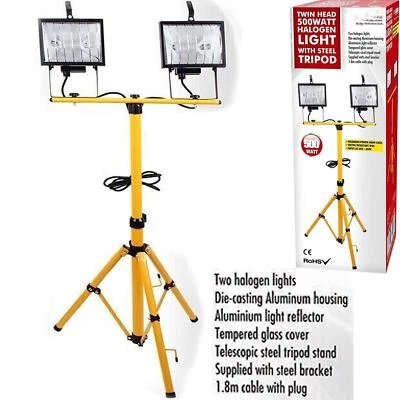 BUYSTARGET 2x 500W Twin Head Flood Light Tripod Stand Emergency Halogen Lamp Camp Work Site