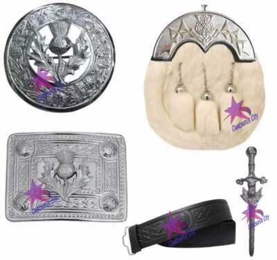 CC Scottish Kilt Sporran Kaninchenfell Distel Gürtelschnalle, Anstecknadel, Fliege kariert Brosche