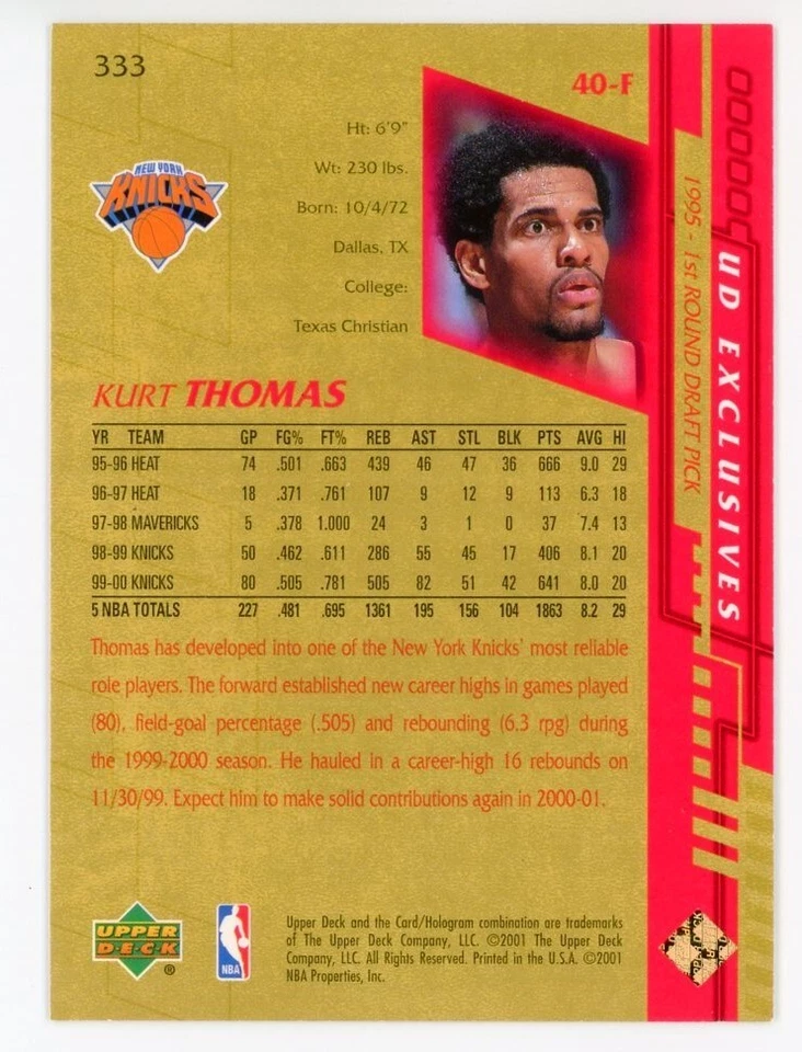 2000-01 Upper Deck Gold UD Exclusives Game Jersey Edition Kurt Thomas/25 Foto 2 de 2