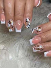 24pcs Long Square White French Bronzing Leaf Print Fake Nail False Nails Press