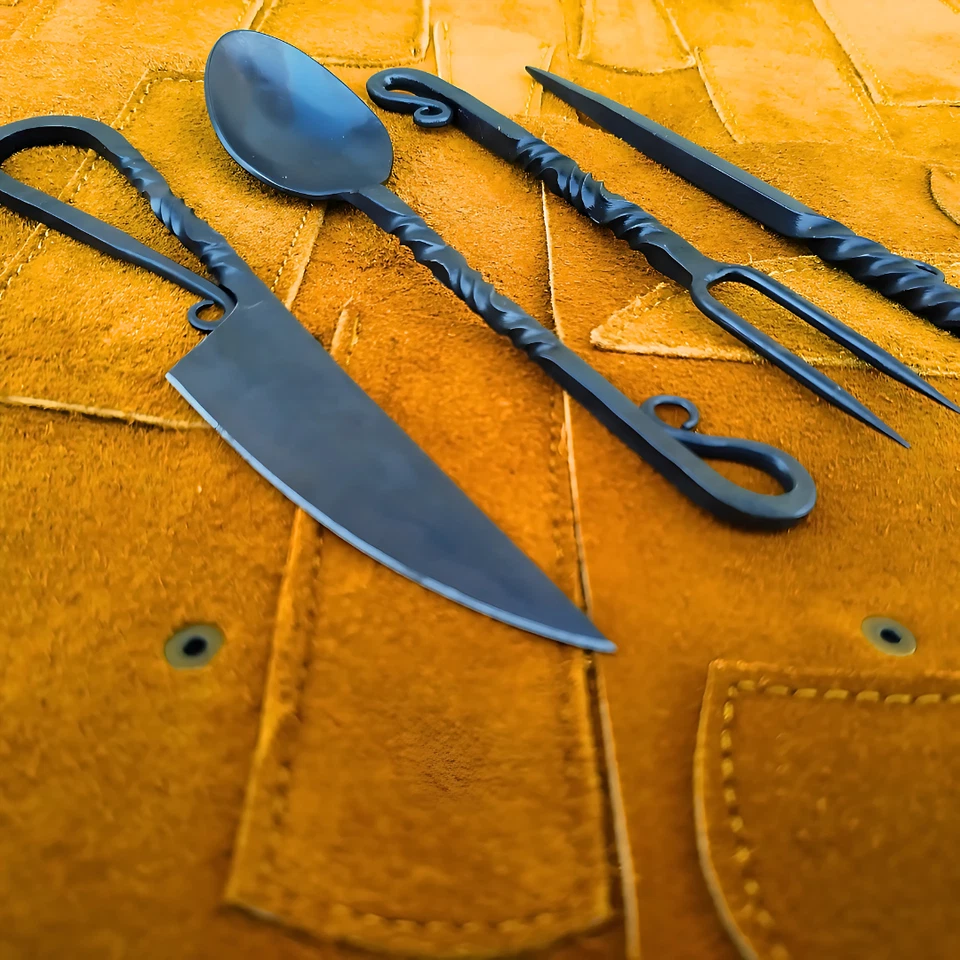 Hand Forged 25Pc Spoon Fork Knife Viking Medieval Feastware Cutlery Set W/ Cover - Image 2 of 4