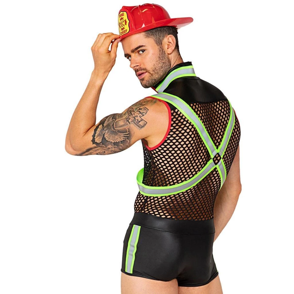 Macacão fantasia bombeiro bombeiro transparente rede de pesca aparência molhada arnês capacete 5116 - Imagem 2 de 4