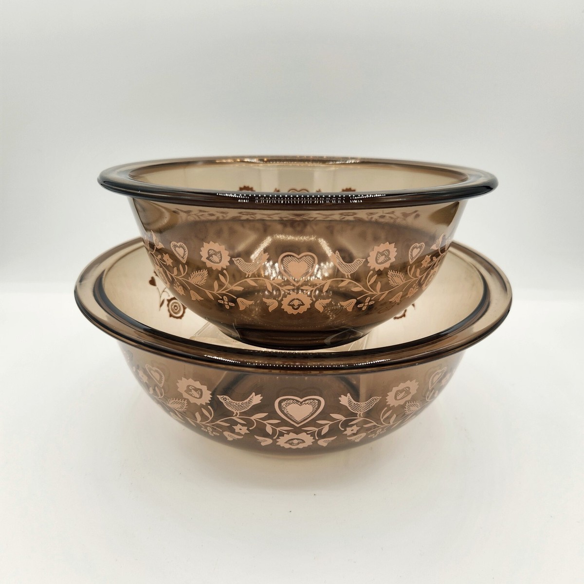 VTG Pyrex Mixing Bowls Smoky Brown FESTIVE HARVEST 2pc Set Birds
