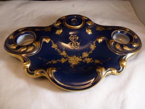 Antica porcellana francese Sevres - blu cobalto, supporto calamaio dorato B.R.P.  BRP - Foto 14 di 16