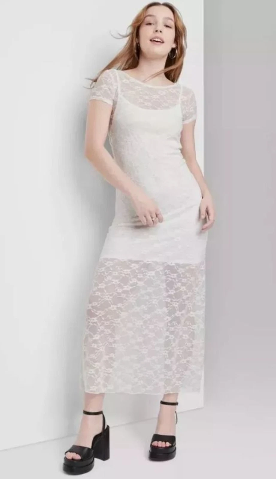 OFF WHITE Maxi abito slip con pizzo trasparente e maniche corte Favola selvaggia bianco sporco XS