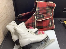 Pair Of Vintage Carol Heiss Women’s Ice Skates Size 5 And Plaid Storage Bag