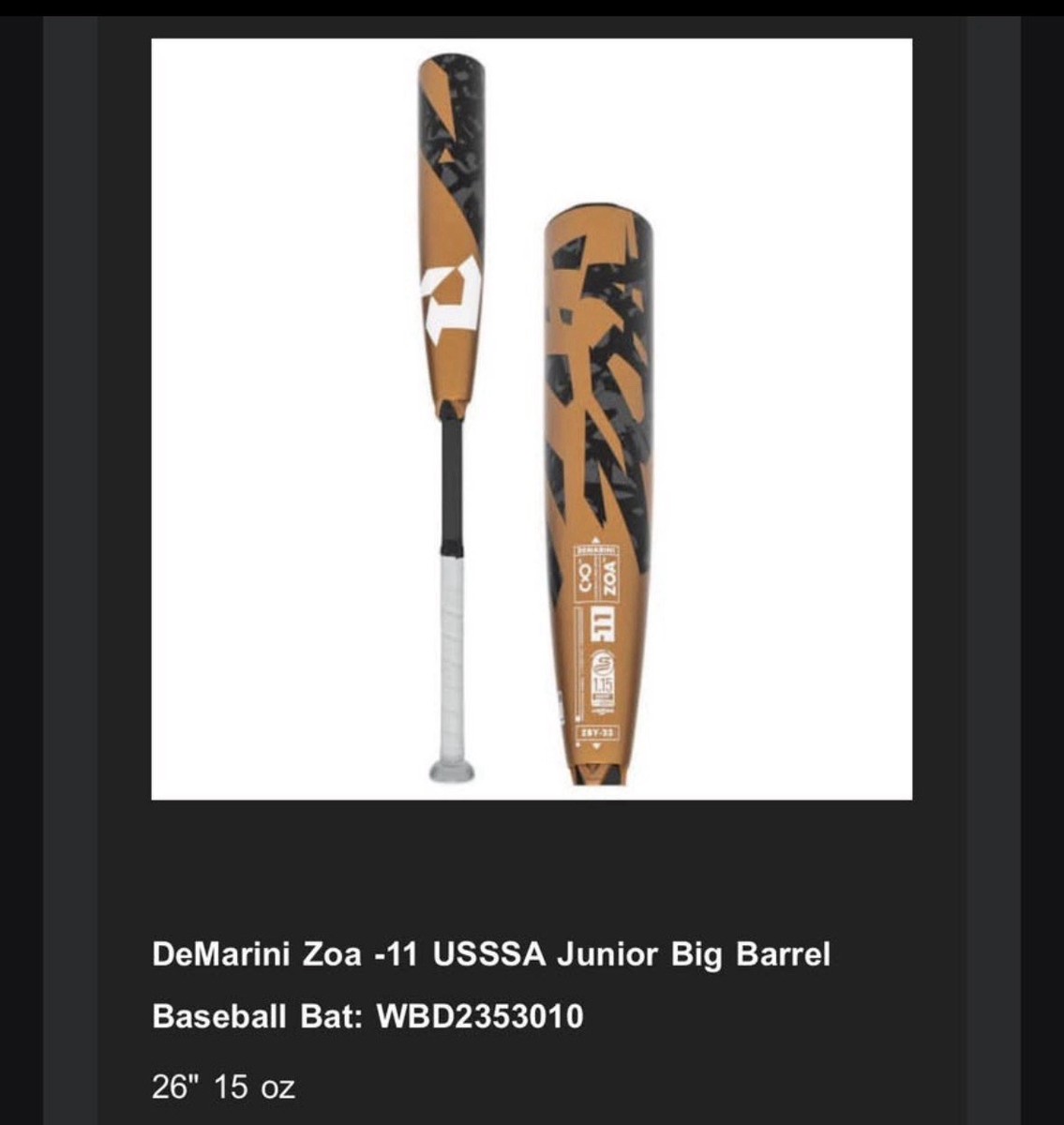 DeMarini Zoa -11 USSSA Gold Black Composite Youth Baseball Bat 26