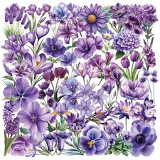 50Pcs Transparent Purple Flowers Stickers,Purple PET Flower