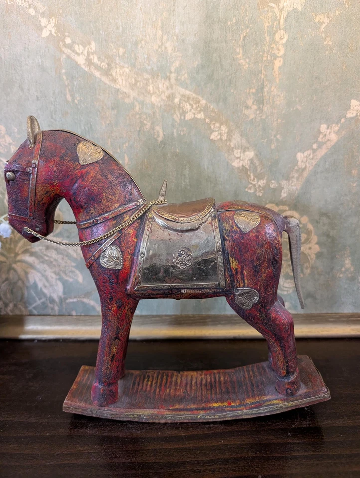 Vintage Wooden Horse with Brass Details, Decorative Rocking Horse - Image 2 of 4