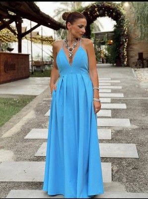 ZARA SIZE S, M NEW SS25 ZW COLLECTION LONG BLUE DRESS WITH TIES