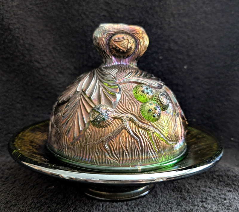 Northwood Green Acorn Burr Butter Dish  c.1911                             (A)