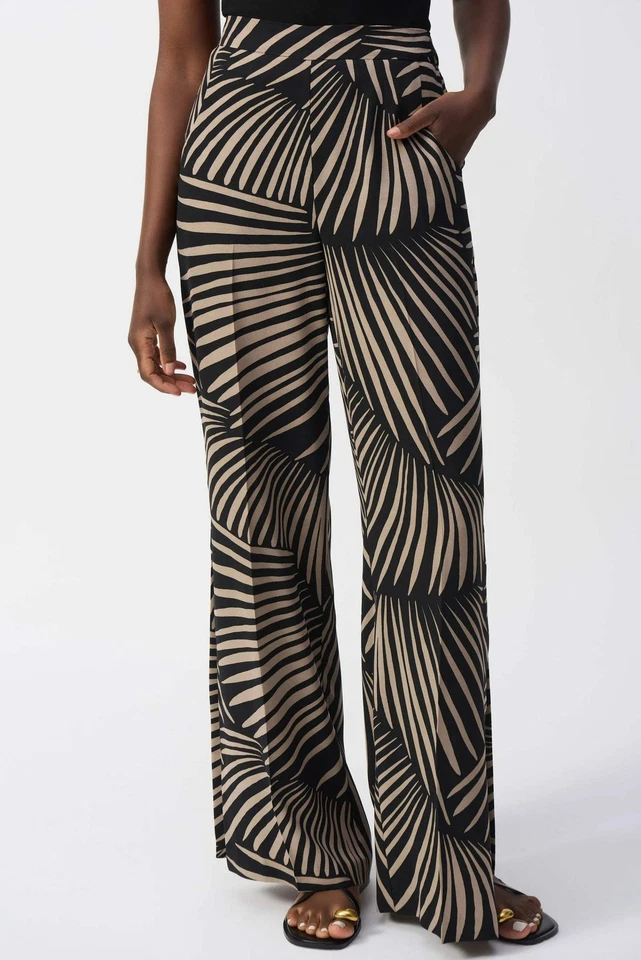 Joseph Ribkoff Black/Dune Tropical Print Side Slit Wide Leg Pants 251085