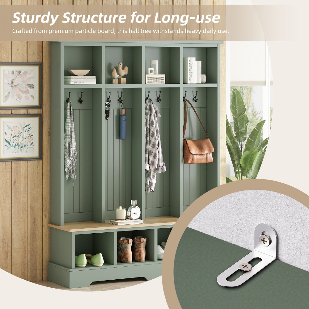 Farmhouse Hall Tree with 8 Hooks Practical Entryway Bench with