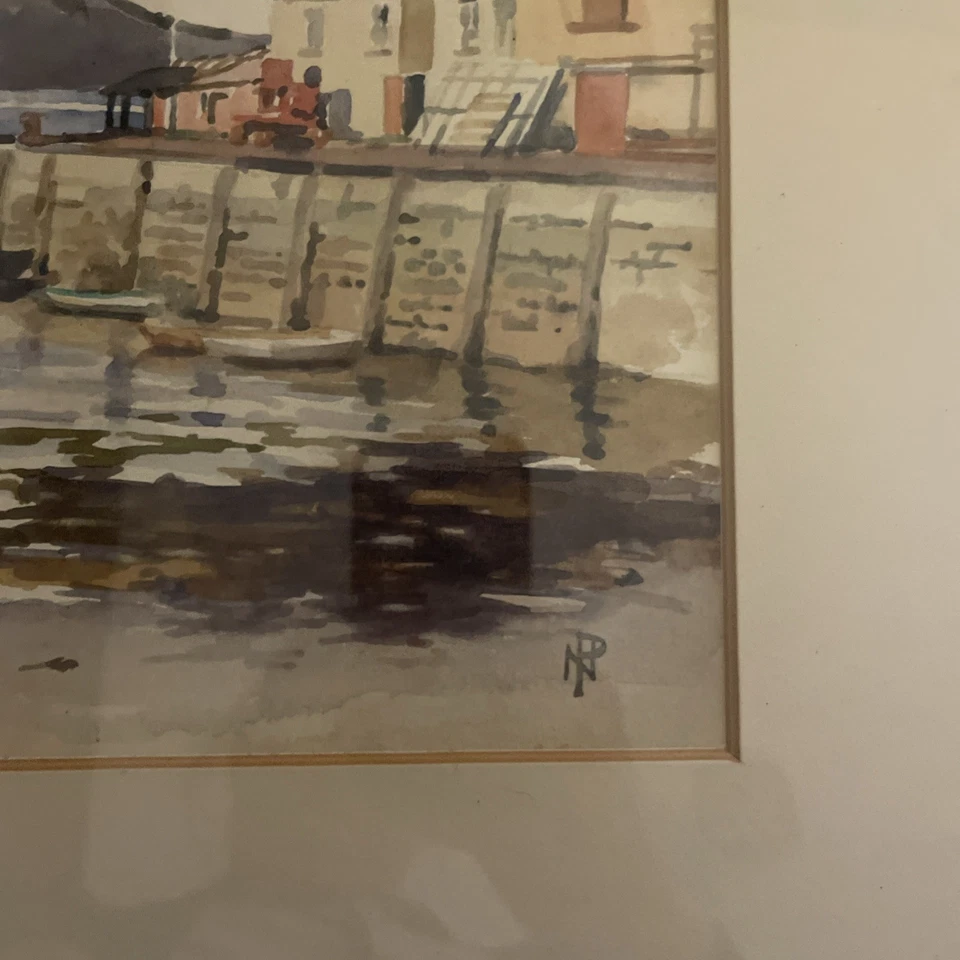 Framed Vintage Watercolour, Lyme Regis, Signed ‘N P’ - Bay, Boats & Warehouses - Image 4 of 4