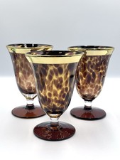 Set of 3 Art Glass Goblets Amber Brown Mottled Gold Rim Modern Decor