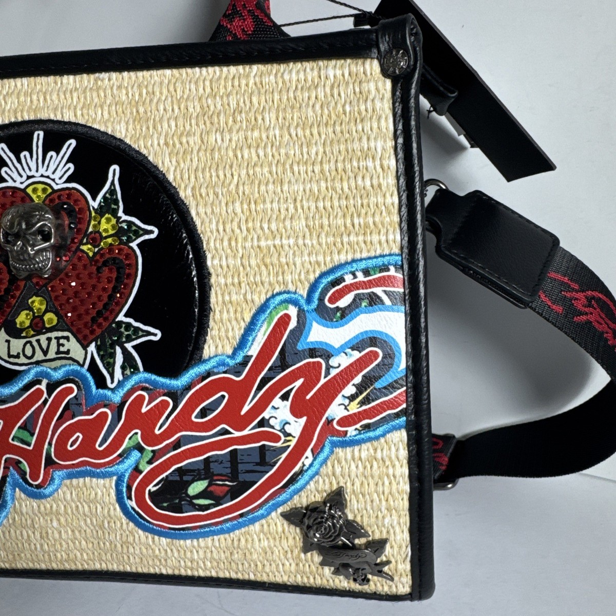 Ed Hardy Woven Front Tote Bag Rhinestone Love Hearts Y2K Back NWT