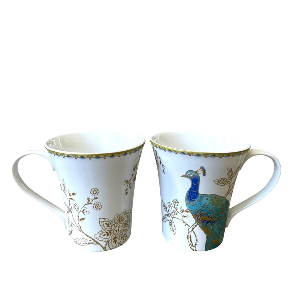 222 第五孔雀花园瓷杯 2 件套白色雄伟蓝绿色金色新品 — 第 4/4 张图片