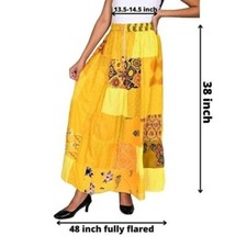 Yellow Vintage Indian Rayon Patchwork Hippy Gypsy Boho Maxi Women Long Skirts
