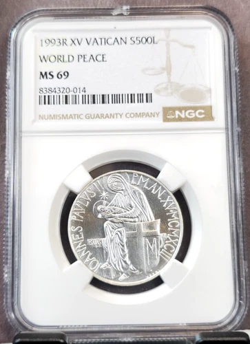 1993 VATICAN SILVER 500 LIRE S500L WORLD PEACE NGC MS 69 RARE TOP POP