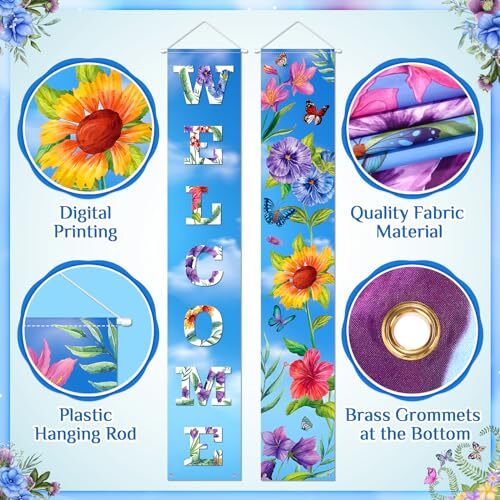 Summer Welcome Door Banner With Blue Hydrangeas - 72.8x35.4 Inch Floral Door Cover For Porch Decor