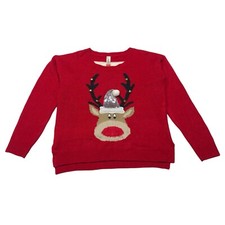 No Boundaries Red Reindeer Theme Long Sleeve Sweater Juniors Size M 7-9