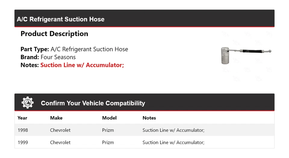 Manguera de succión de refrigerante aire acondicionado Chevrolet Prizm 1998-1999 4 estaciones Foto 2 de 4