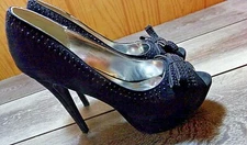 CATHY JEAN PEEP TOE, PLATFORM , SPIKE HEEL SEUDE SHOES WITH RHINESTONES & A BOW