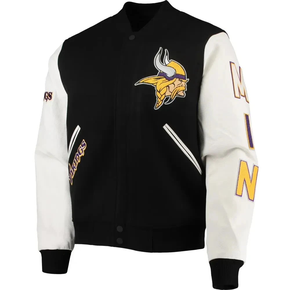 Men’s Minnesota Vikingss Varsity Jacket Black White (Not Satin, Not Wool, Not Leather)