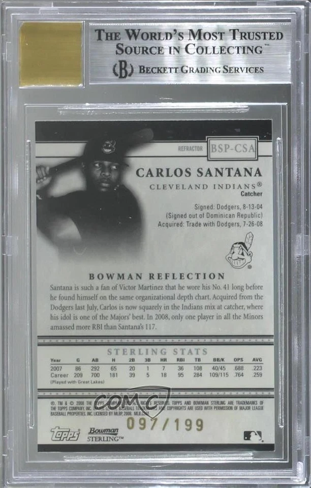 2008 Bowman Sterling Prospects Refractor /199 Carlos Santana BGS 9 MINT Auto - Image 2 of 2