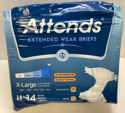 Attends Adult Extended Wear Briefs, Unisex, X-Large (58''-63''), 14 Count