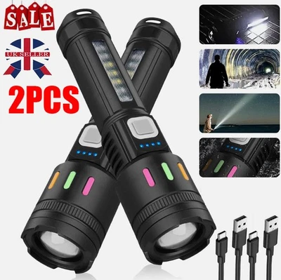 2 x 990000000LM Super Bright Flashlight LED Powerful Rechargeable Torch Zoomable