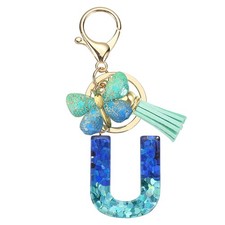 Initial Letter Keychains, Resin Cute Pendant with Butterfly  Tassel, Teal-U