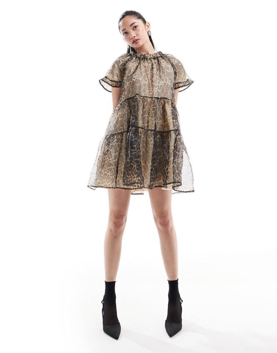 sheer leopard jacquard mini dress Sister Jane Leopard Print Sheer Layered Ruffle Tulle Mini Dress Beige Black  L