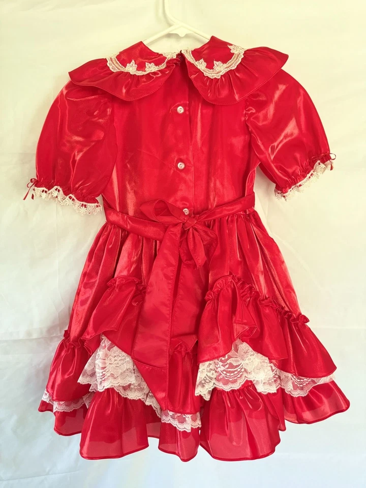 Vintage Red Lace Ruffled Party Dress Full Circle Handmade Girls Size 5/6 - Image 3 of 4