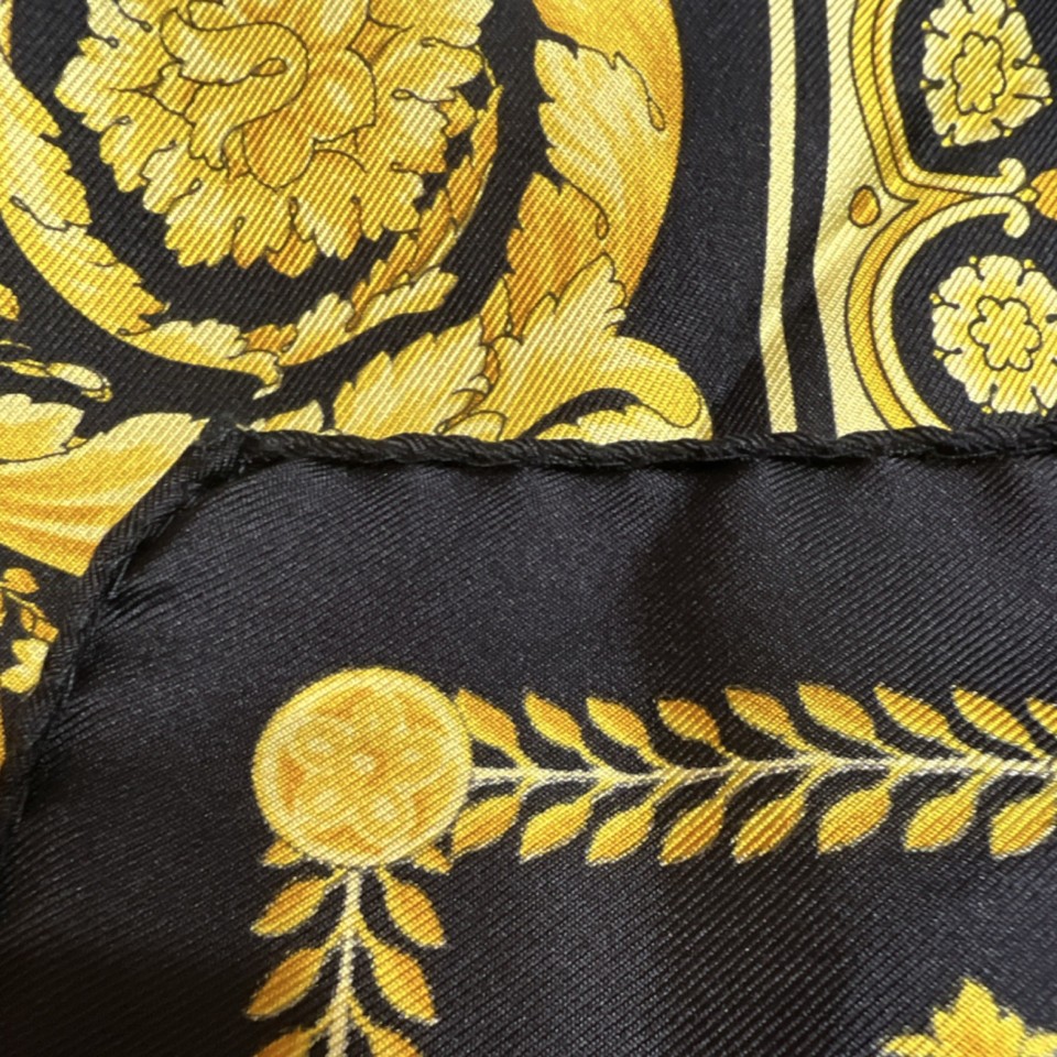 Versace Men's 100% Silk Baroque Pattern Handkerchief Black Gold Twill ...